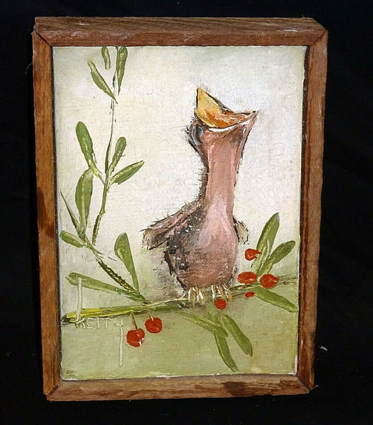 Vintage Mini Oil Painting "Screaming Fledgling Bird on a Branch" by Keith (ThB)