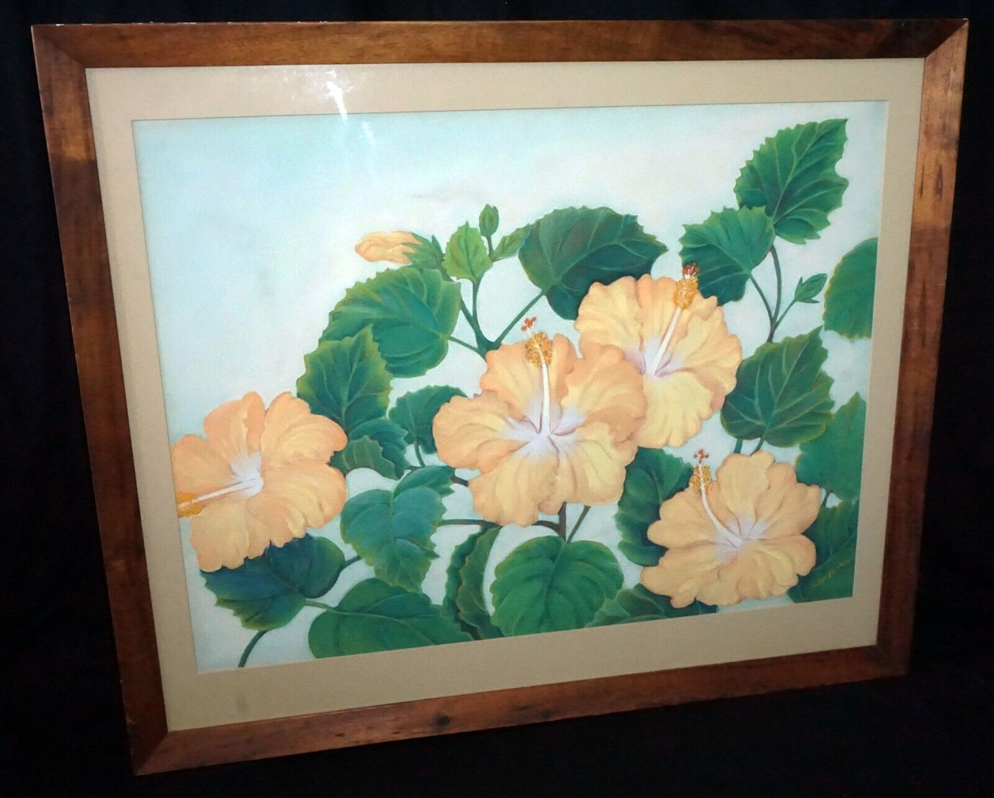 1950s Hawaii Koa Watercolor & Pastel Painting Hibiscus by Maude Horton (New)