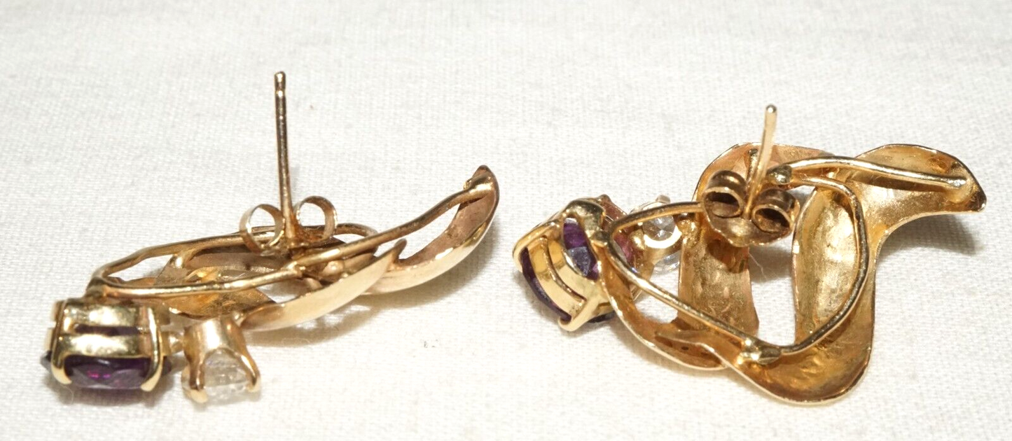 Vintage Modernist 14k Yellow Earrings 2x Amethysts & 2x Cubic Zirconia (GoB)#18b