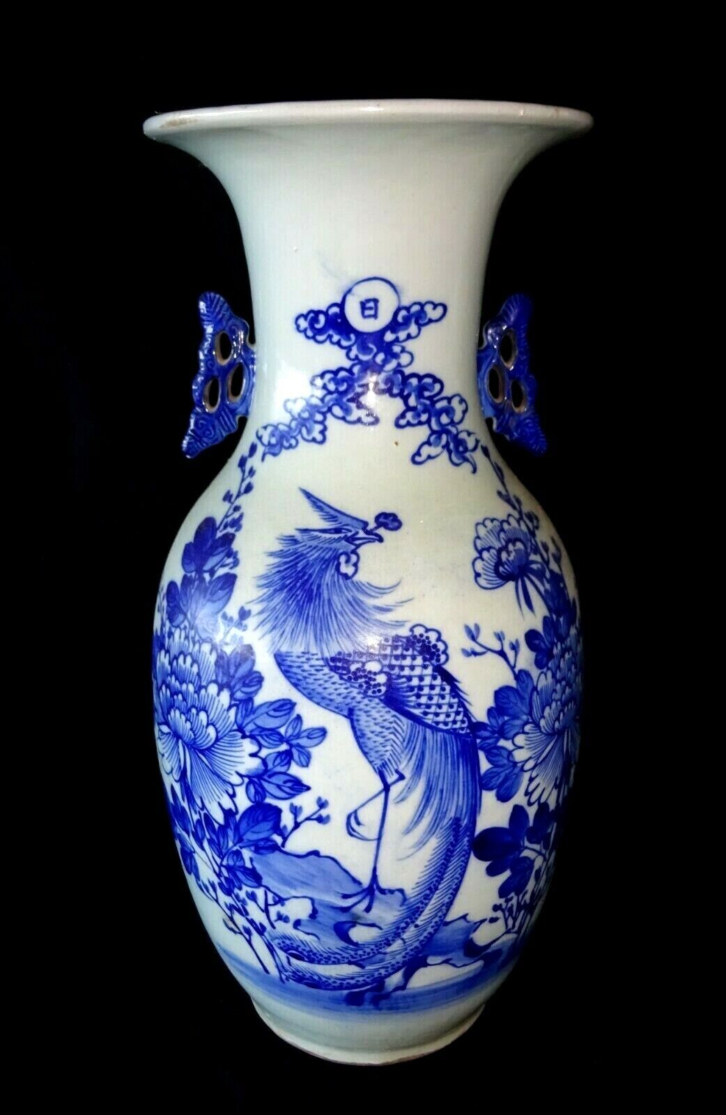 19C Chinese Large Porcelain B&W Vase w. Fanciful Bird Garden Motif (HeN)#3 IC