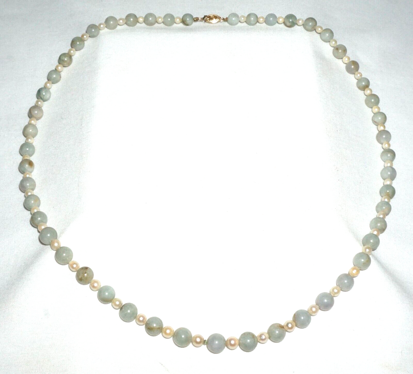 Vintage Chinese Jadeite Jade & Pearl Spacer Bead Necklace w. 14k Clasp (---)