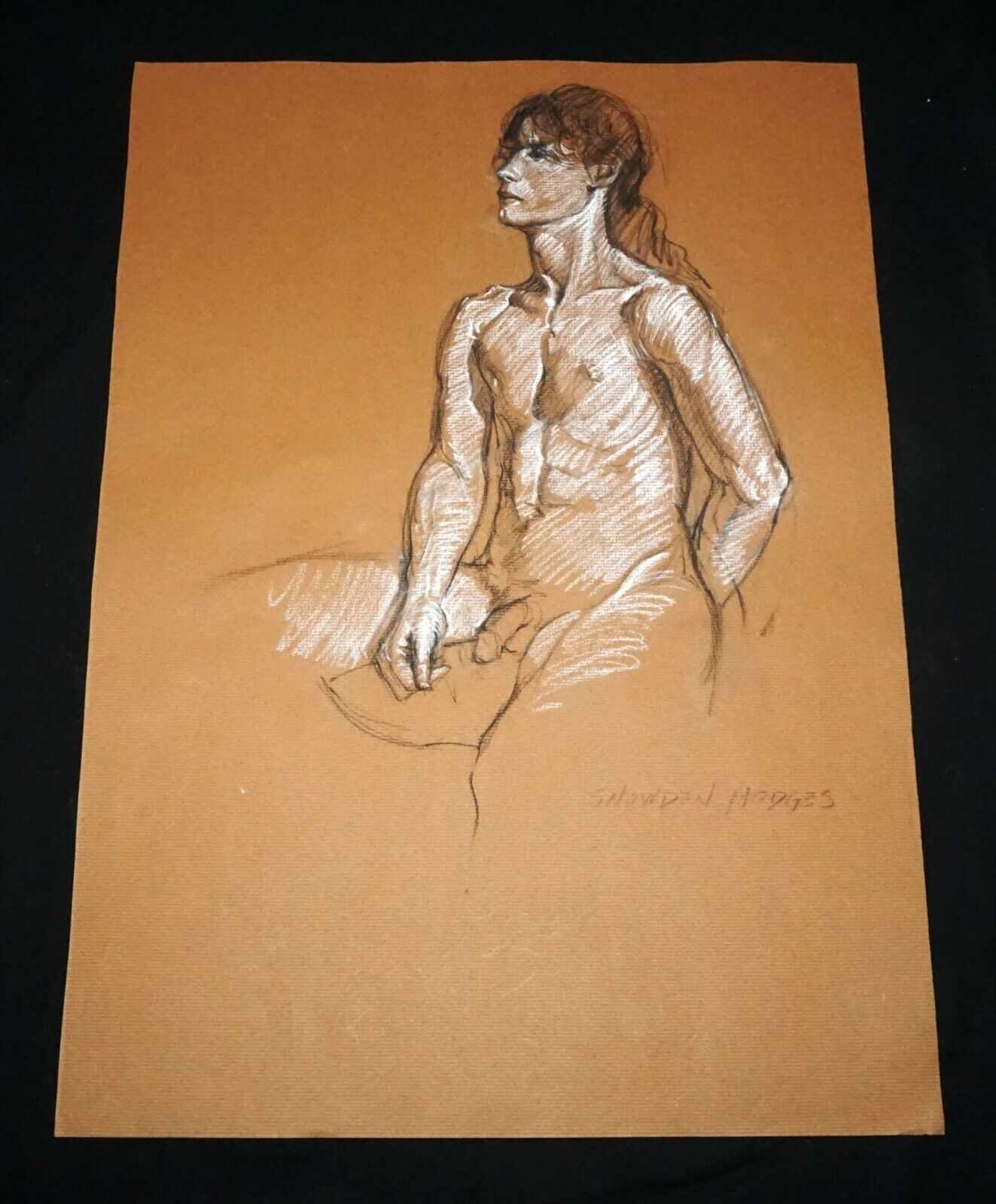 Hawaii Red/Black/White Conte Drawing Seated Male Nude by Snowden Hodges (Sho)#18