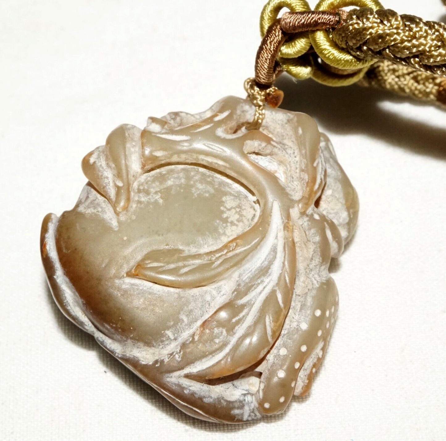 Vintage Chinese Soapstone Carving w Bat on Peach Motif & Cord Necklace (LeS)L20