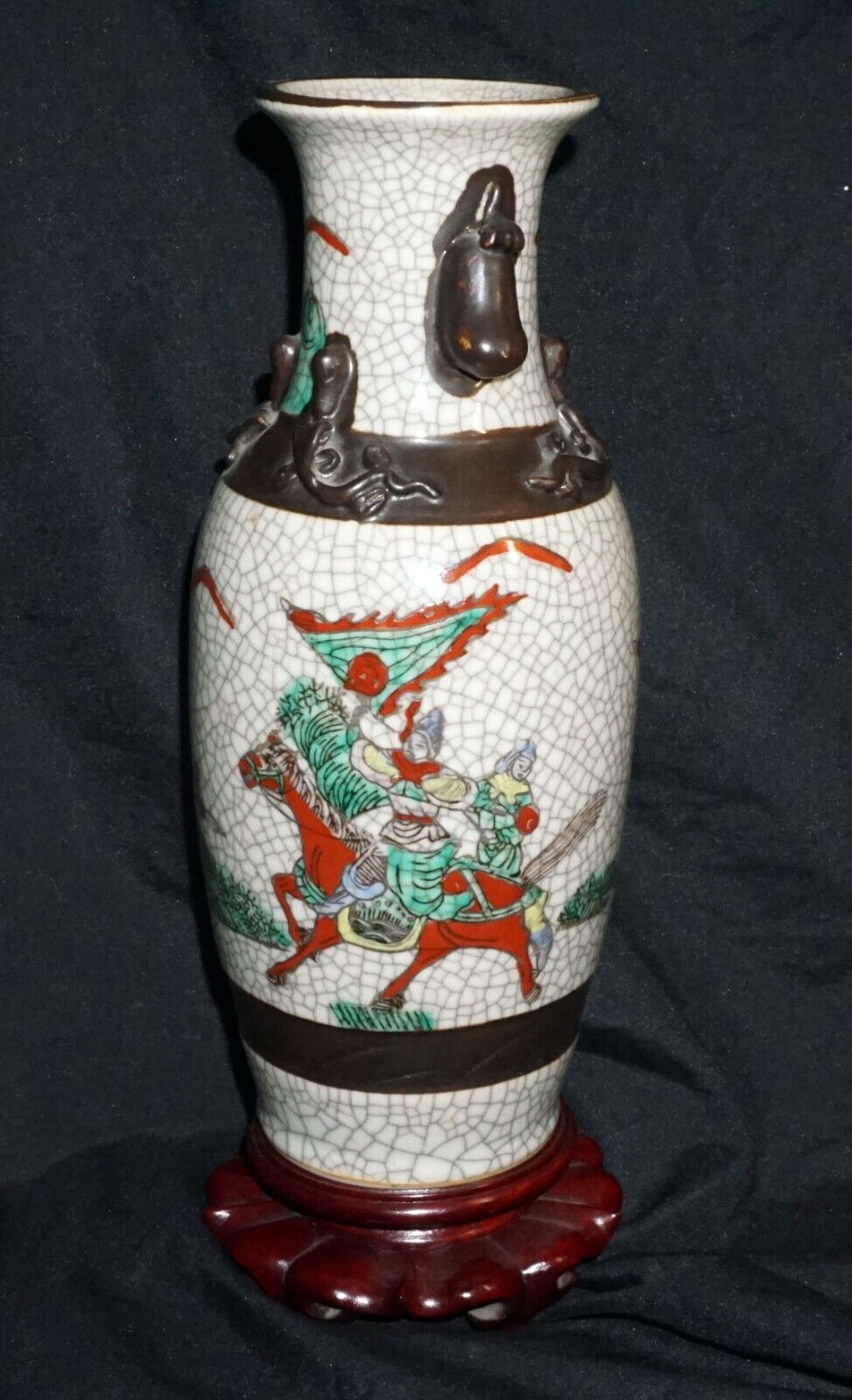 1900 Chinese Pottery Vase w. Crackled Finish Warrior on Horses Motif (ChT) IC