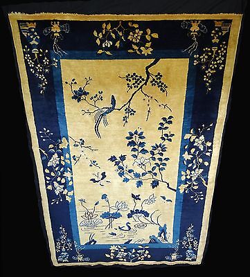 1920s Chinese Blue & Gold Wool Pile Rug w. Auspicious Motifs 92"x 60" (Sig)