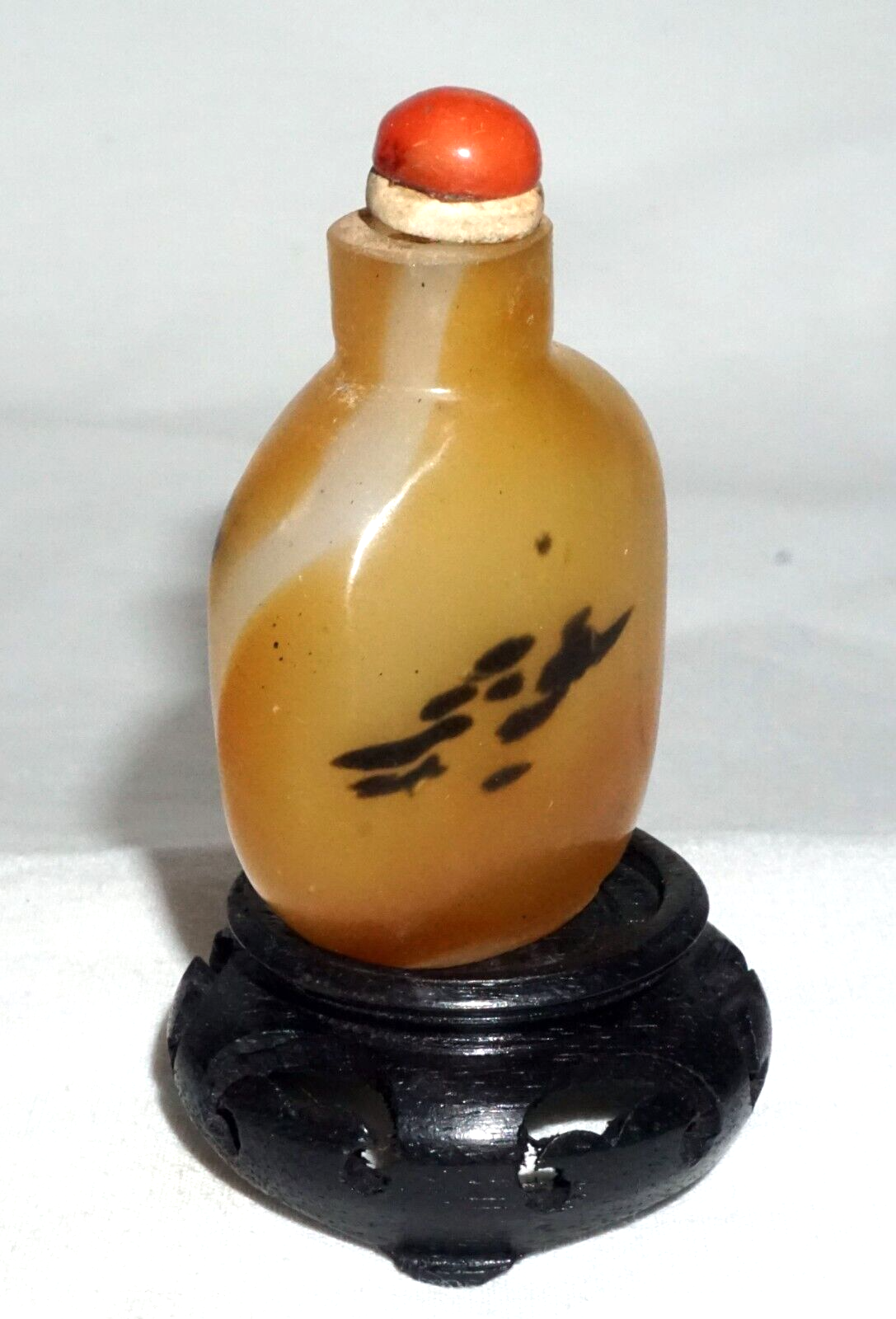 Vintage Chinese Shadow Agate Style Glass Snuff Bottle on Stand (LLA)