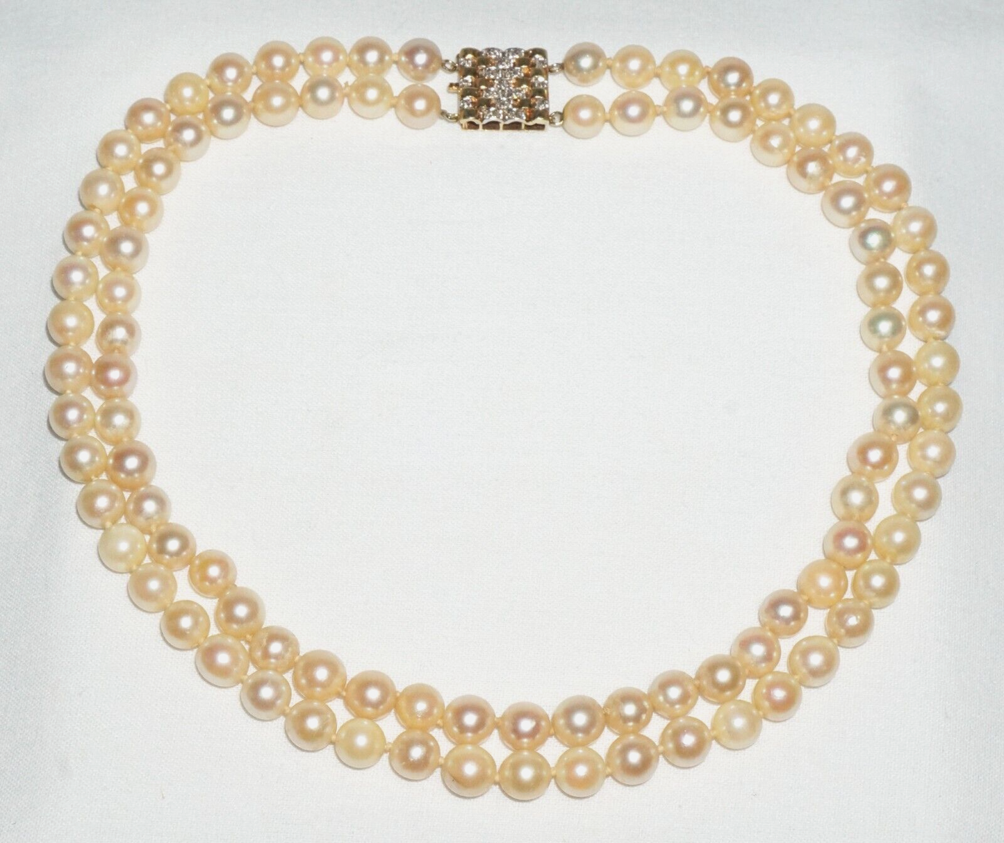 Vintage Double Strand Pearl Necklace 14k Y. Gold Clasp w. 28x Diamonds (BiB)