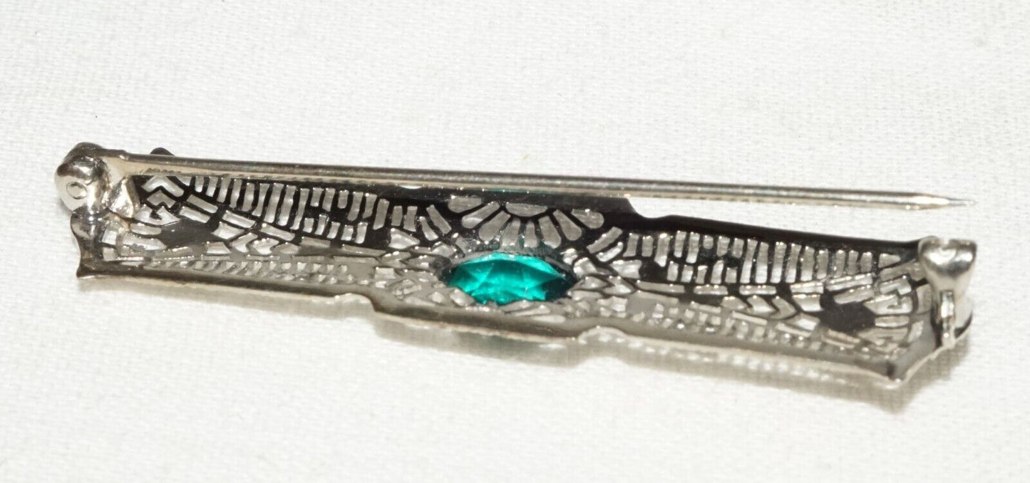Art Deco 14k White Gold Filigree Bar Pin w. 1x Emerald Accent (KoS) L20