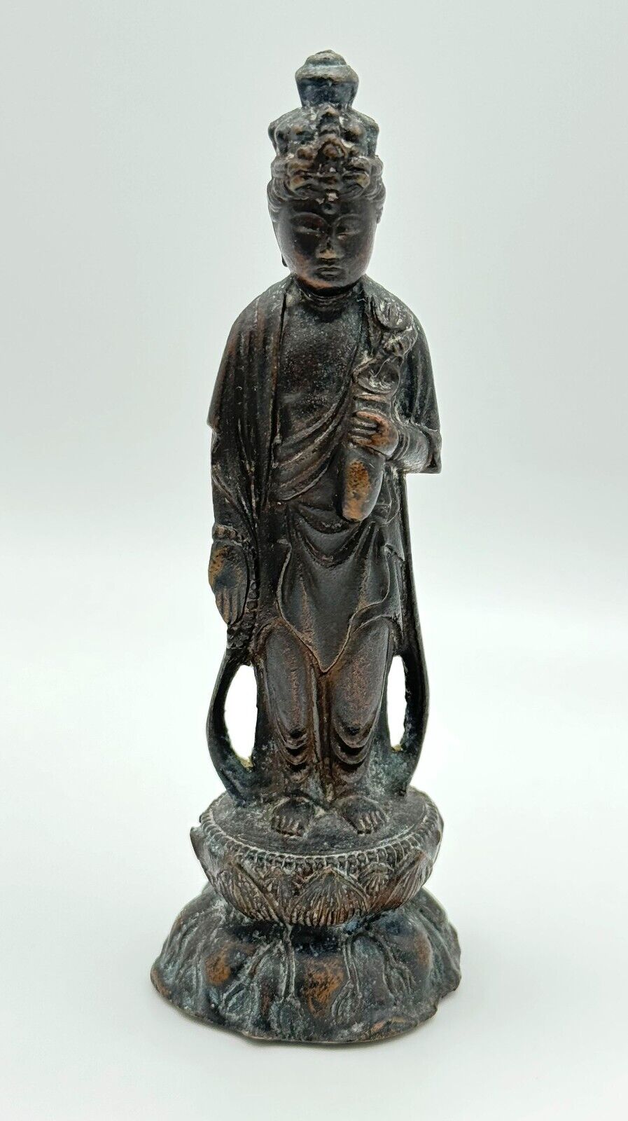 Vintage Bronze Japanese Meiji Era Buddha Kannon Charity Mudra w Vase (MiM)