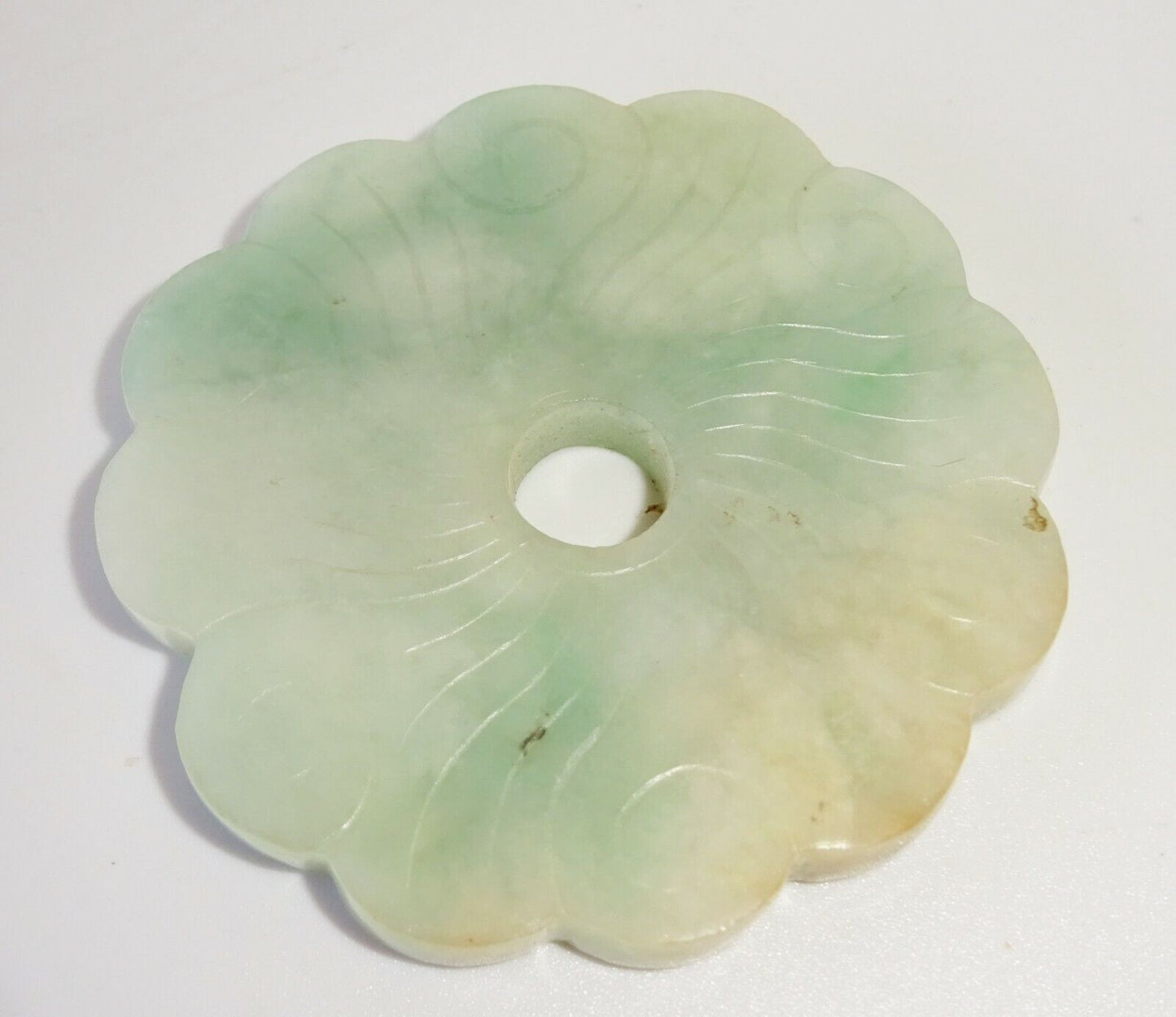 20C Chinese Mottled Jadeite Jade Incised Flower Motif Disk Carving (FeO) #37b