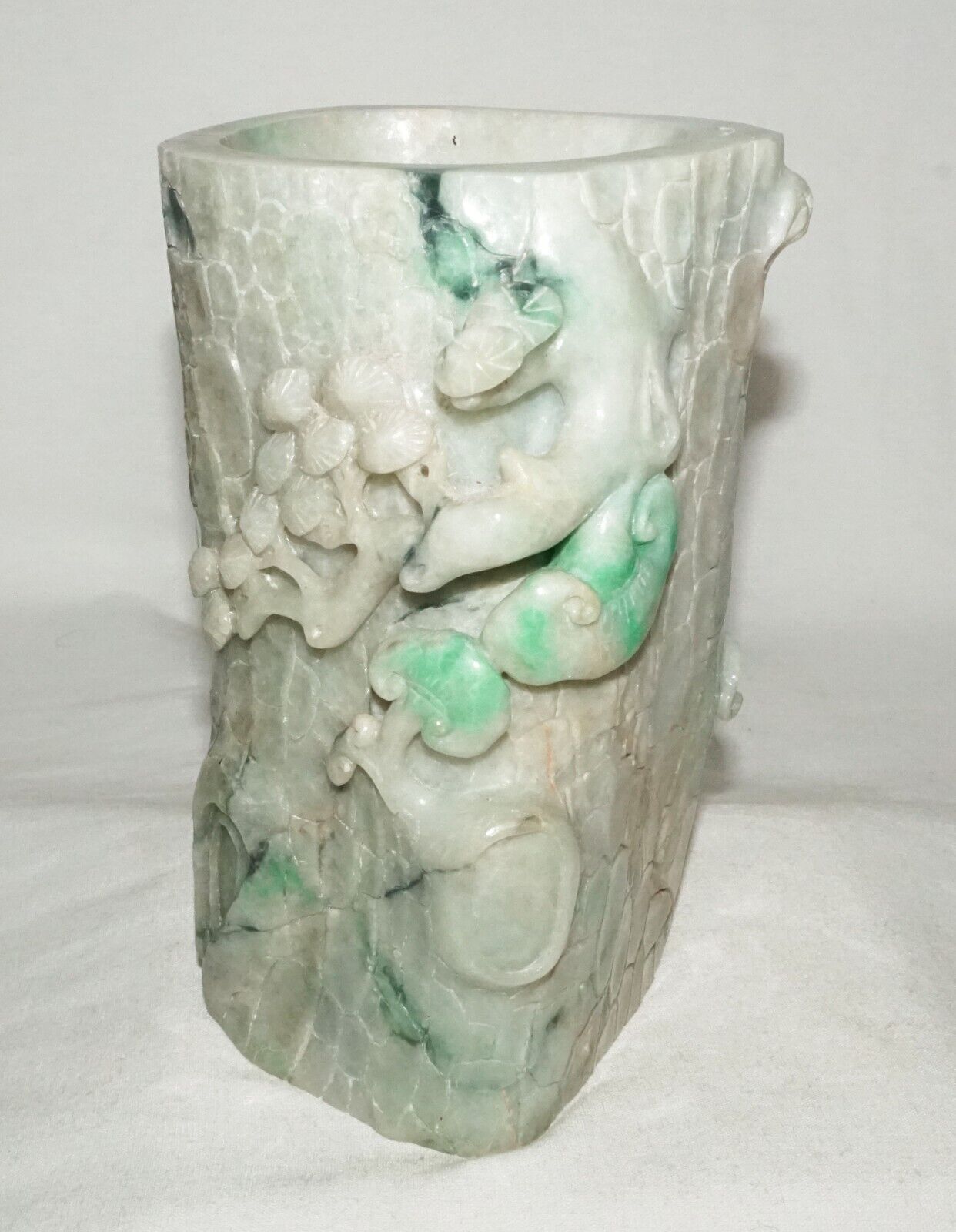 Chinese Jadeite Jade Carved Brush Pot w. Pine Tree Stump & Lingzhi Motifs (InS)