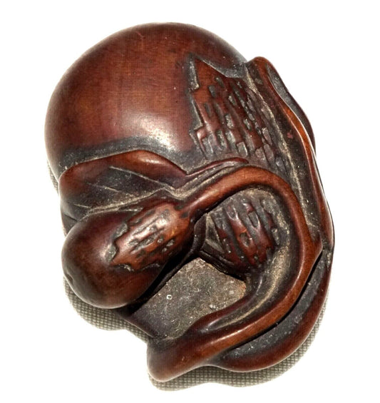 Antique Japanese Wooden Carved Netsukes Seed Pod on Leaf Motif (FeH
