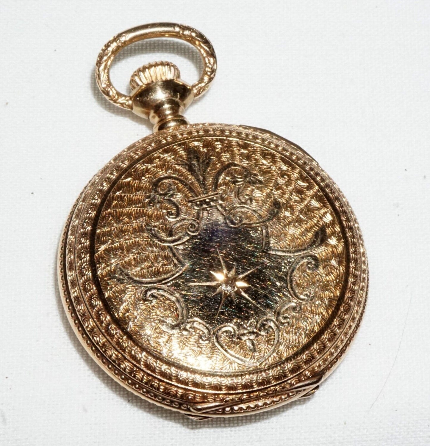 1900 US 14k Yellow Gold Full Hunter Ladies Pocket Watch w. Diamond Elgin (GeB)#3