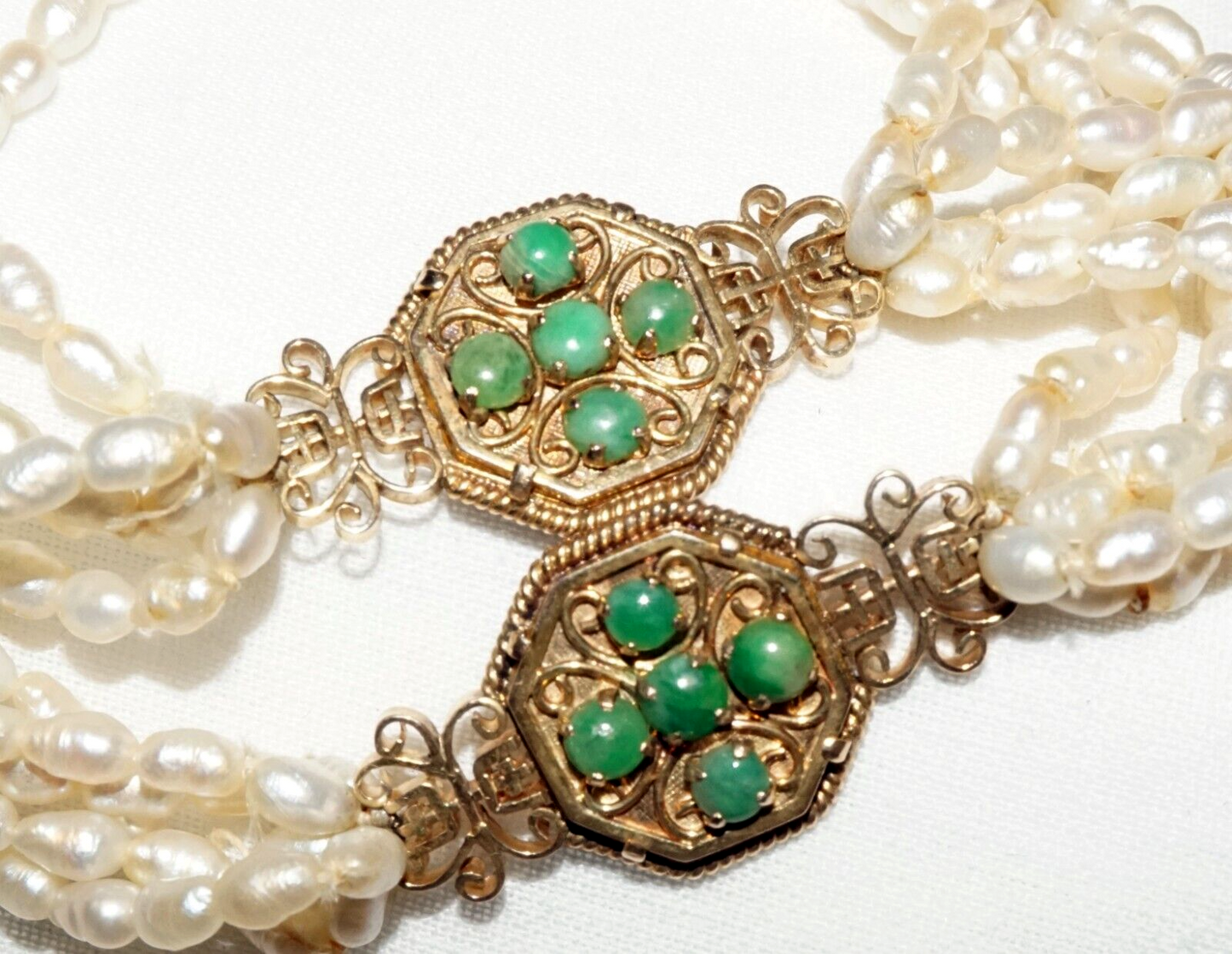 Vintage Chinese 1k Yellow Gold 5x Strand Pearl Necklace w. Jadeite Jades (KoM)