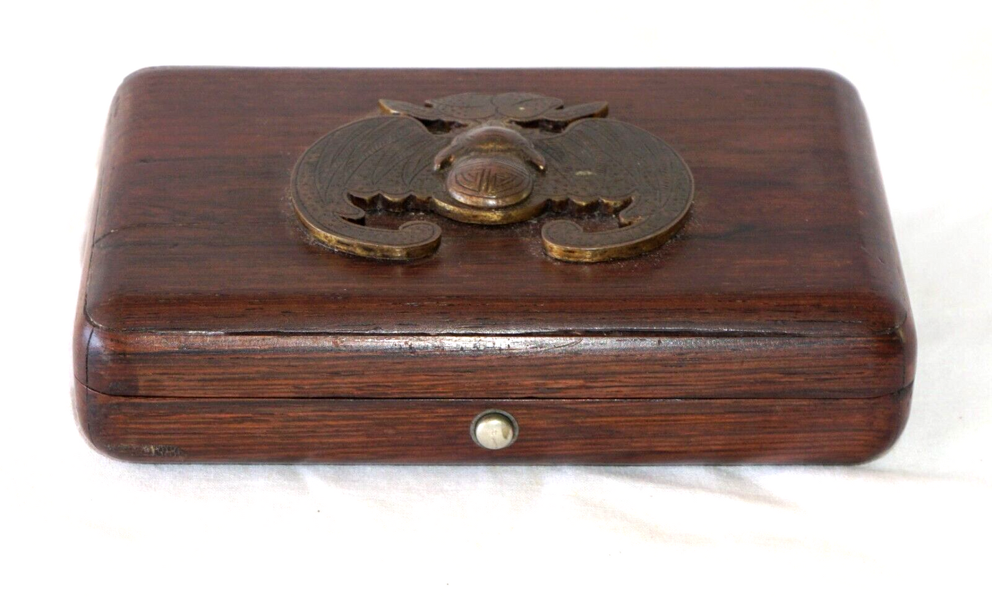 1920s Chinese Hongmu Hinged Top Box w. Bat & Double Peach Relief Plaque (ChB)