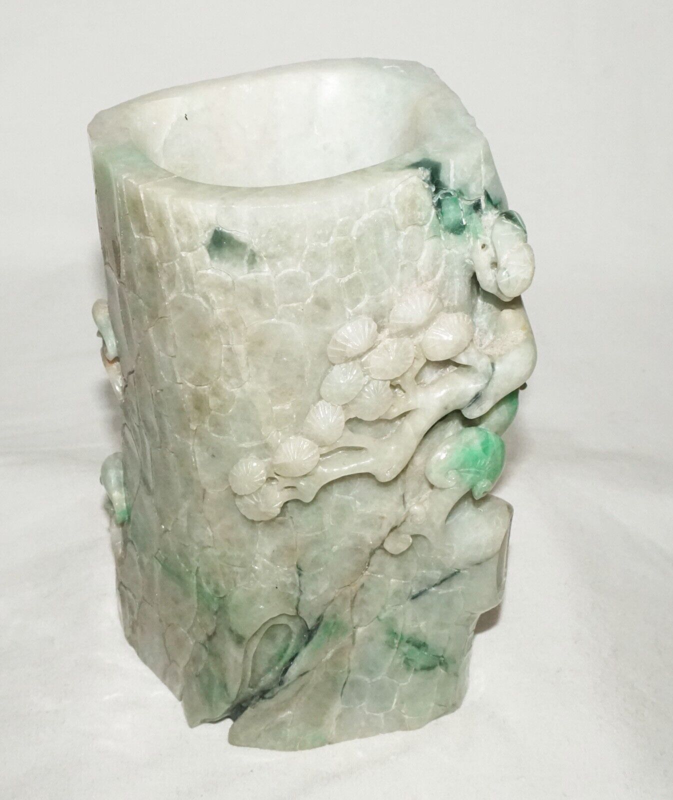 Chinese Jadeite Jade Carved Brush Pot w. Pine Tree Stump & Lingzhi Motifs (InS)