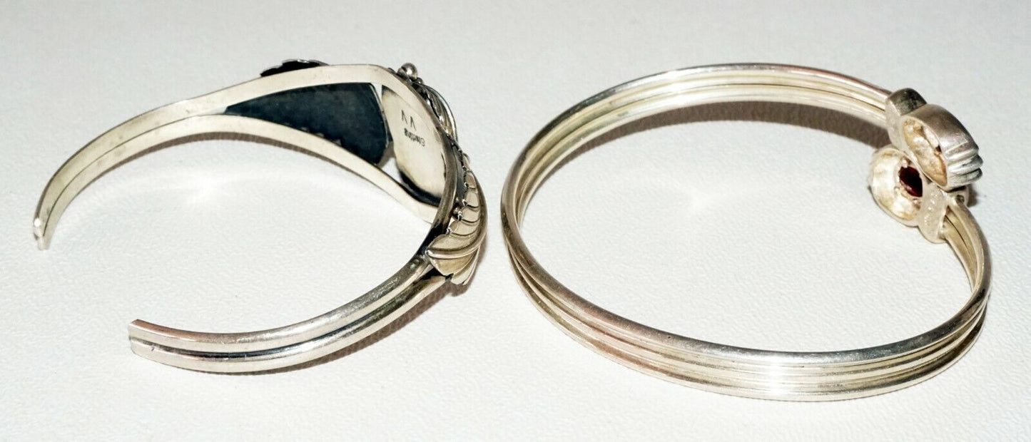 2Pc Sterling Silver Bracelet Lot w. 2x Garnets & 1x White Opal by VV (SaR)#176