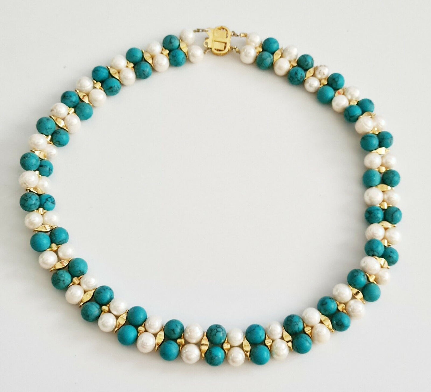 Vintage Turquoise Bead & Pearl Double Strand Choker Necklace w. G.P. Clasp (PaB)