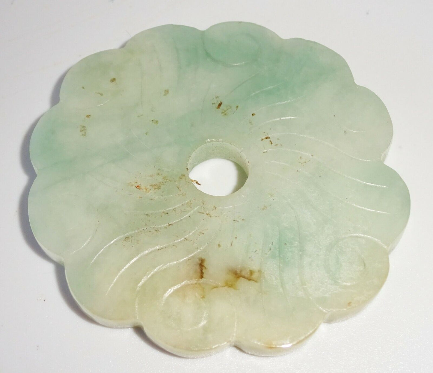 20C Chinese Mottled Jadeite Jade Incised Flower Motif Disk Carving (FeO) #37b