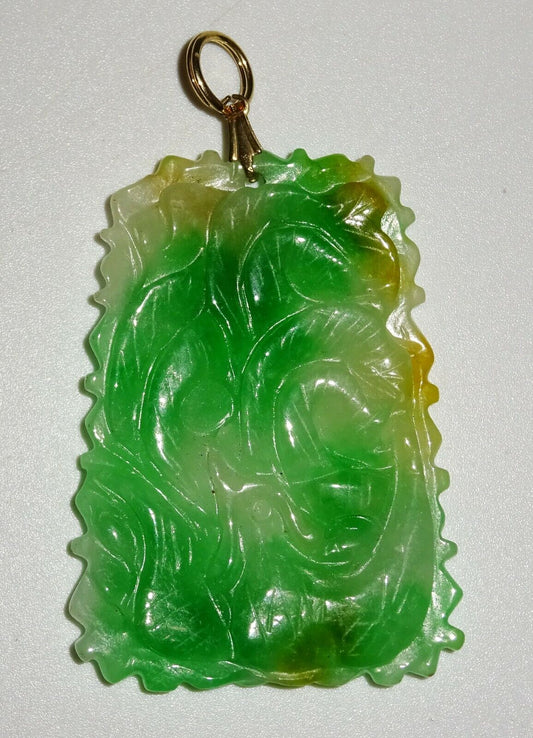 Chinese Jadeite Jade Plaque Pendant w. Writhing Dragon & Pearl Motif (LuD)