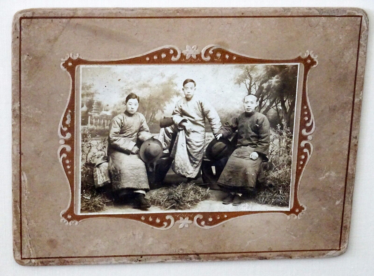 1900 Chinese Framed B&W Photo "Three Brothers in Robes" by unmarked (Mil)