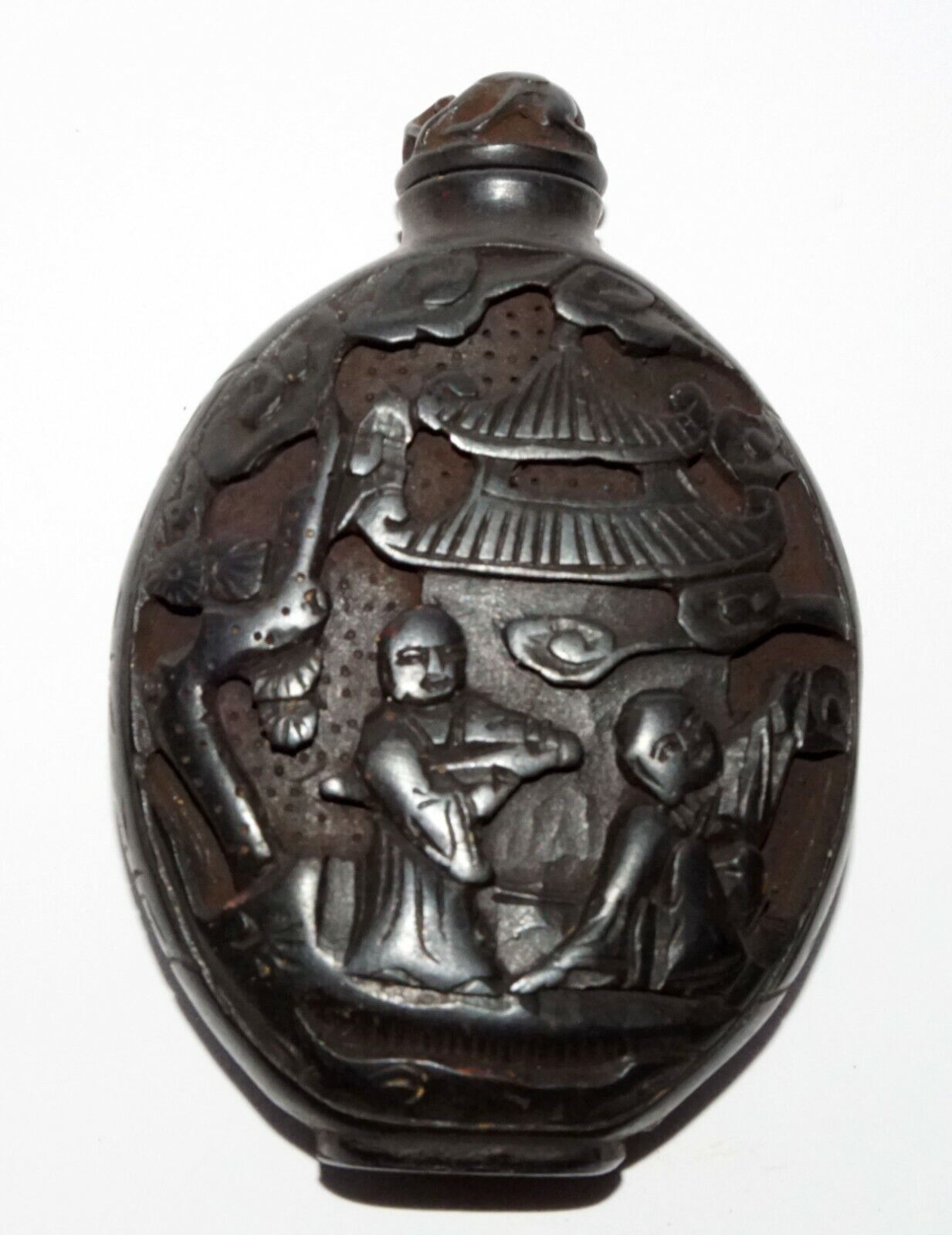 Vintage Chinese Black Lacquer Relief Carved Snuff Bottle Buddhist Motif (LeS) G1