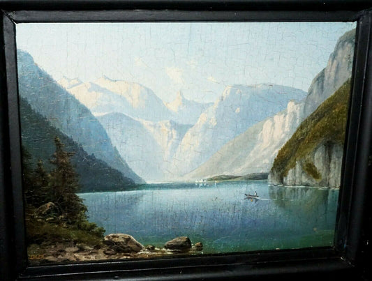 1876 German Oil Painting "Königssee & Alps" by Bernhard Fiedler (1816-1904)(***)