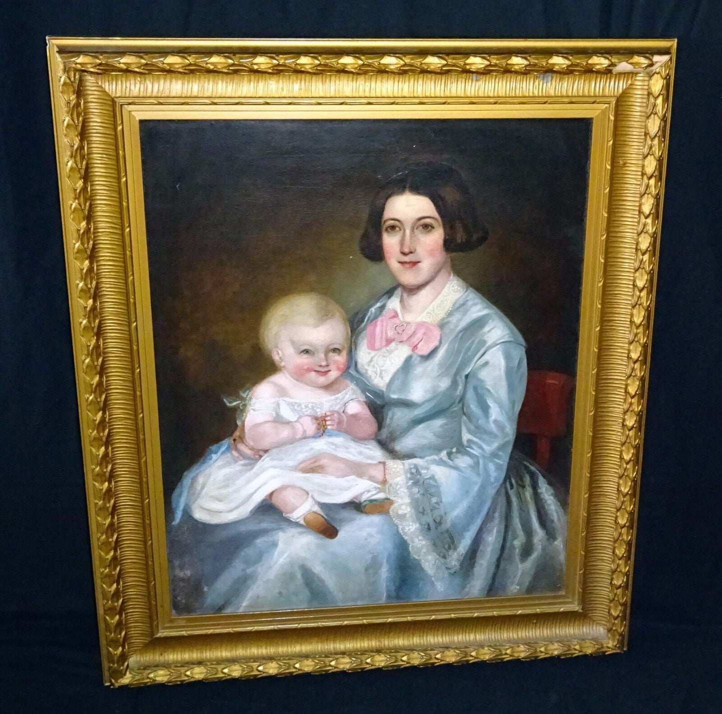 19C Canadian Folk Oil Painting Mother & Baby attrib Robert Whale (1805-87) (Sto)