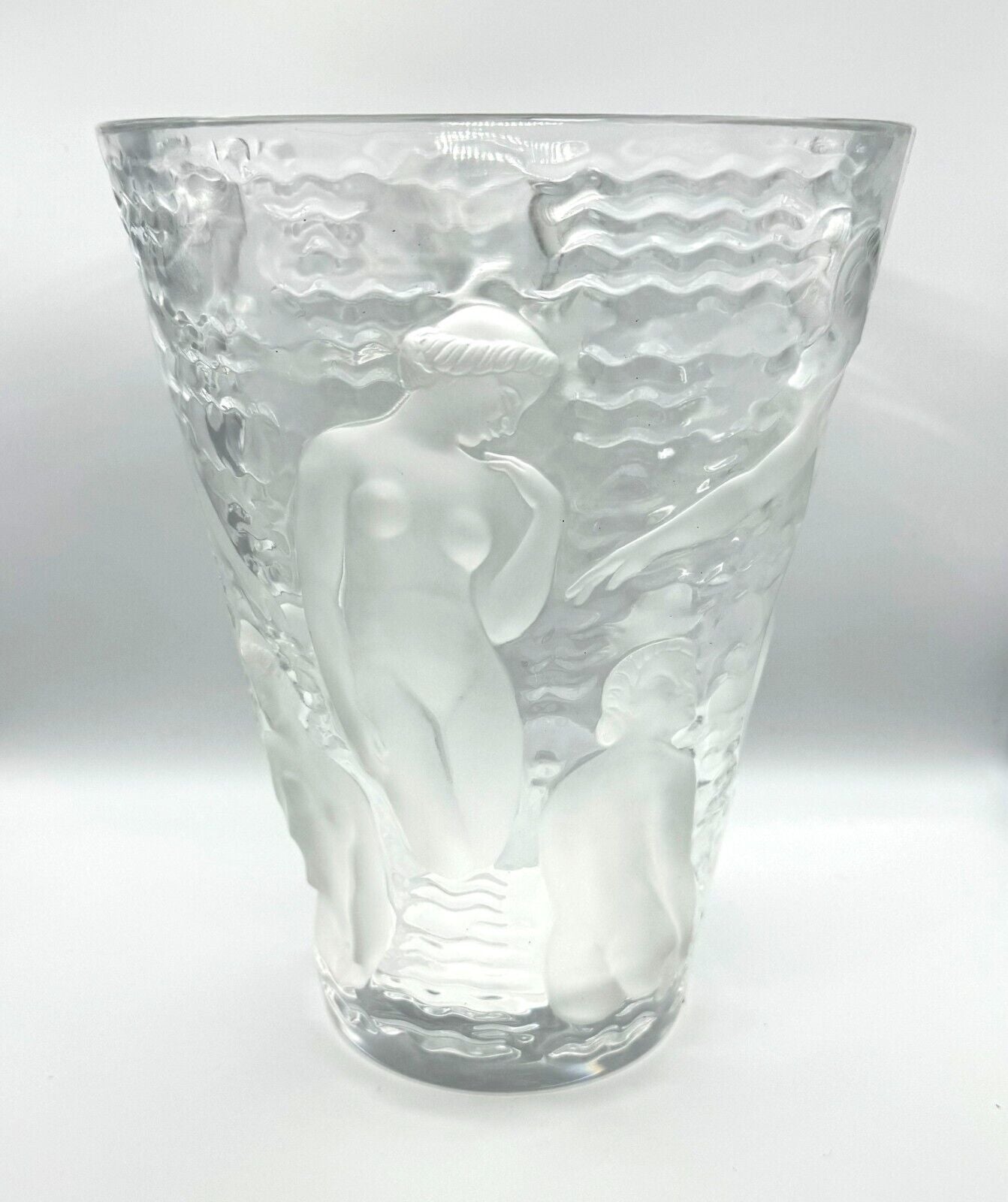 Vintage French Frosted Crystal Lalique Ondines Nudes Vase (AHB)