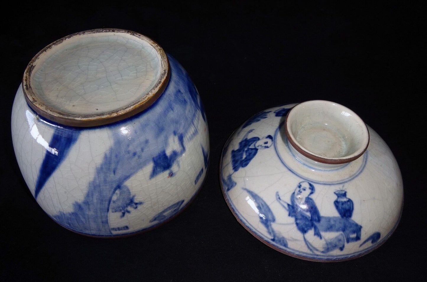 19C Chinese Blue & White Design Covered Pot w. Figures in Landscape Motif (Drc)