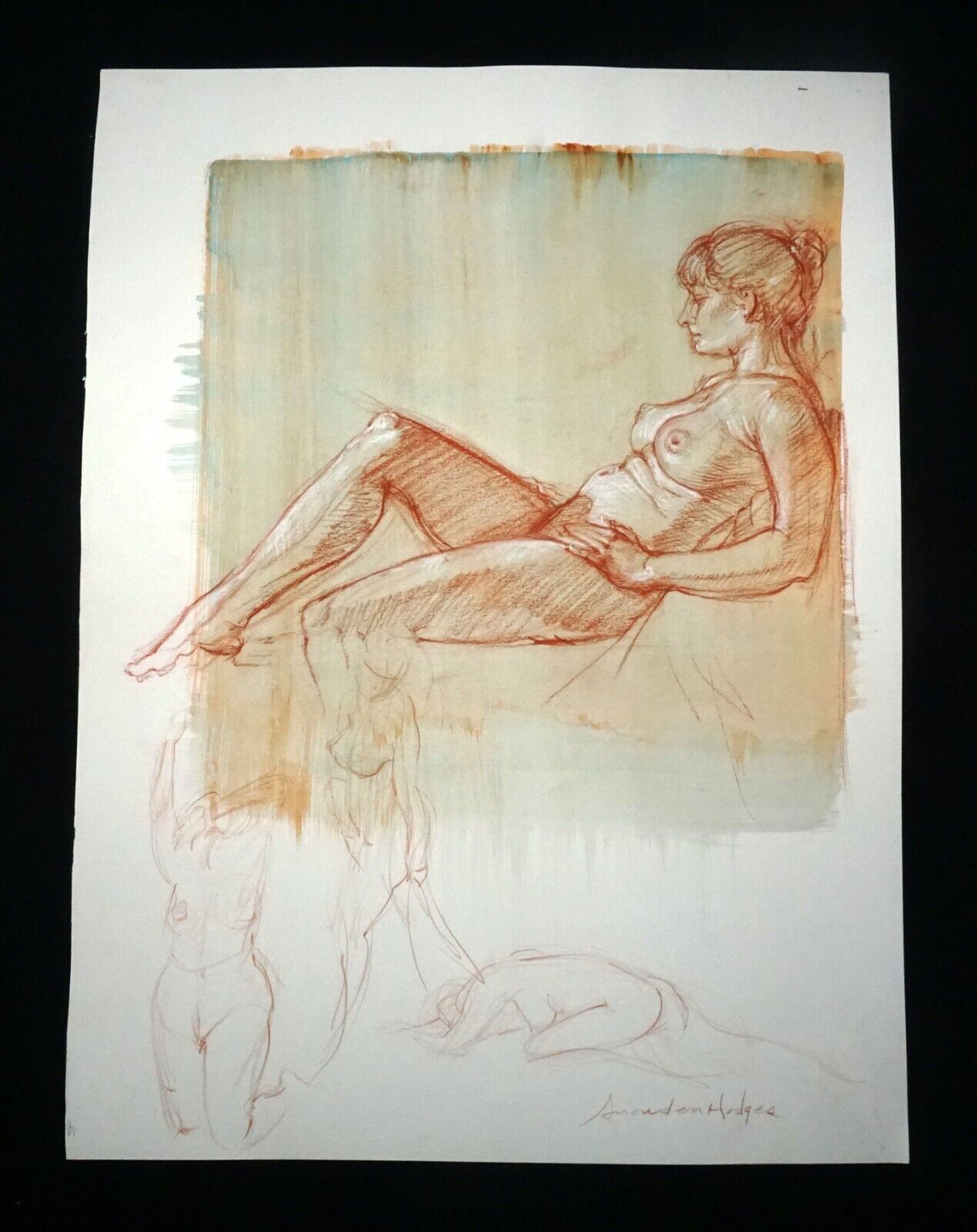 Hawaii Mixed Media Wash Painting Seated Female Nude Snowden Hodges(Sho)#127