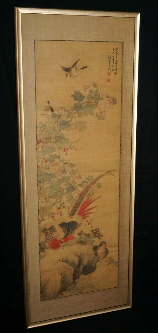 1800 Chinese Framed Painting Scroll Birds on Flowering Branch by Huan Chi (CWo)