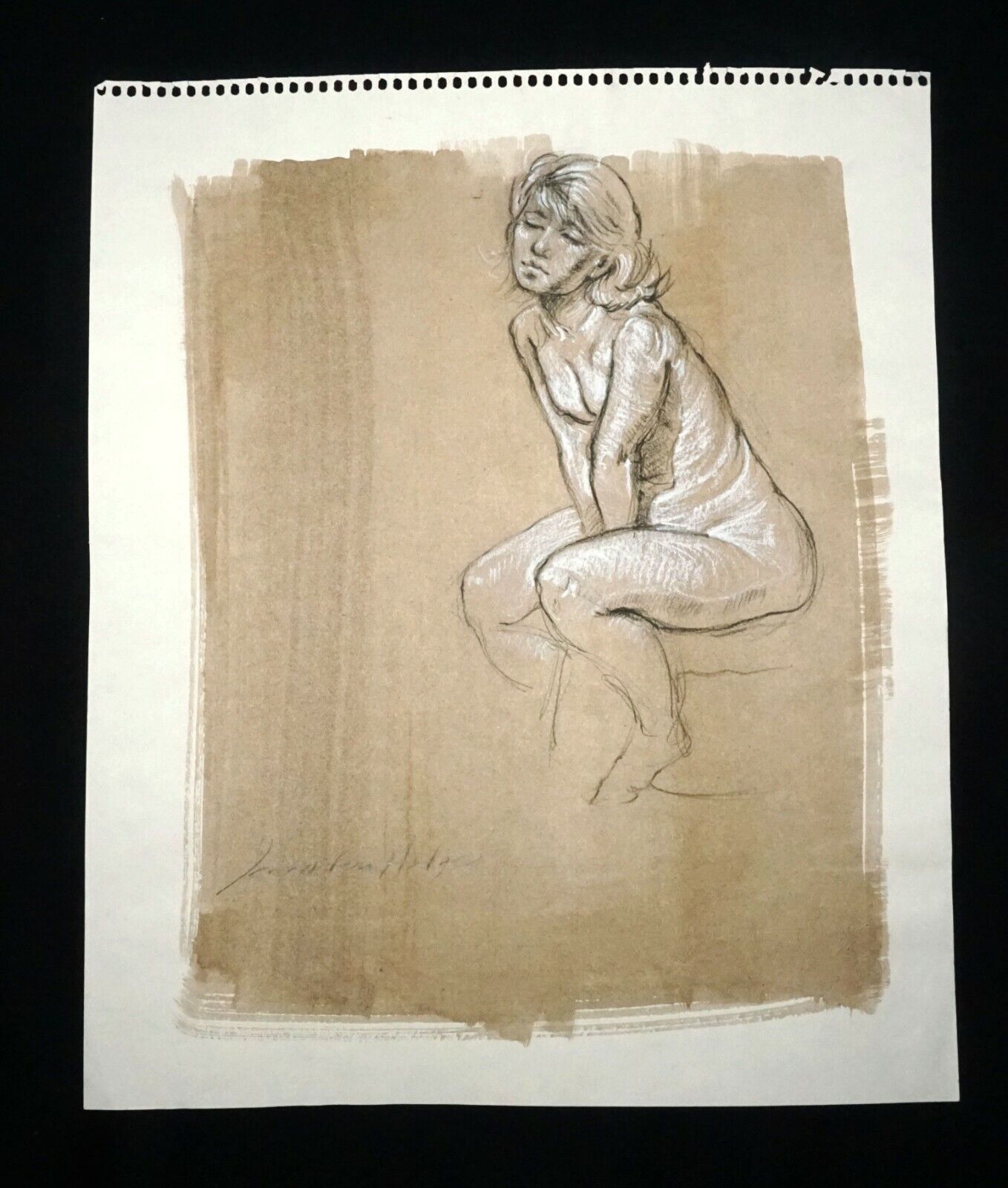 Hawaii Mixed Media Wash Painting Seated Female Nude Snowden Hodges (Sho)#122