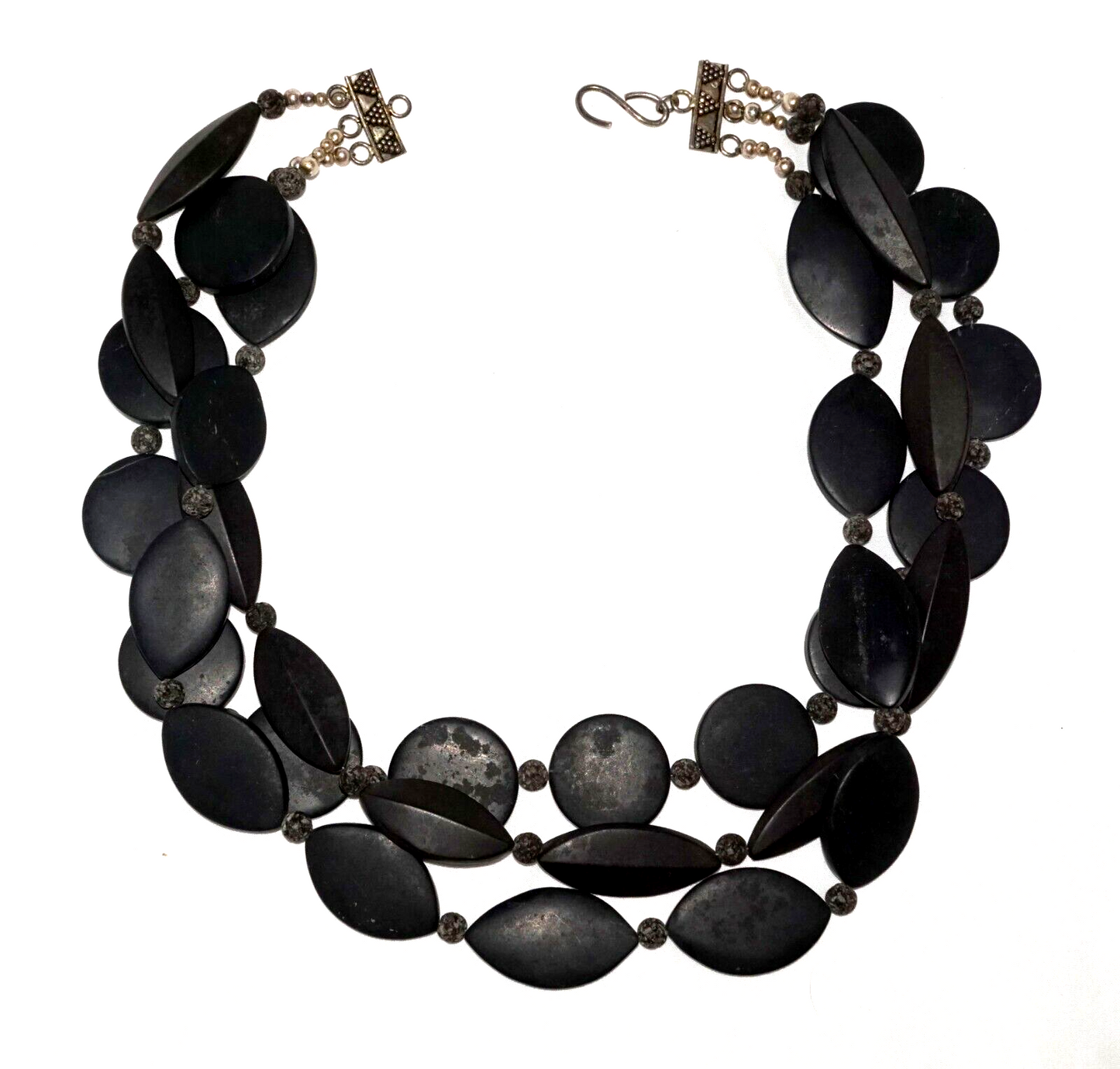 Triple Strand Black Hard Stone Bead Necklace w Silver-Tone Clasp (MaM)16