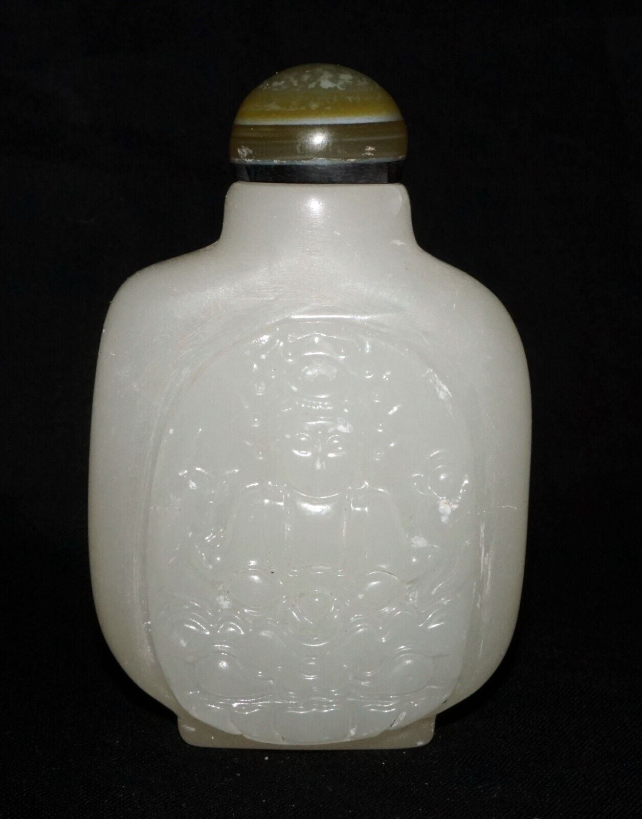 Vintage Chinese Glass Carved Snuff Bottle w. Seated Buddha Motif (LeS) G11