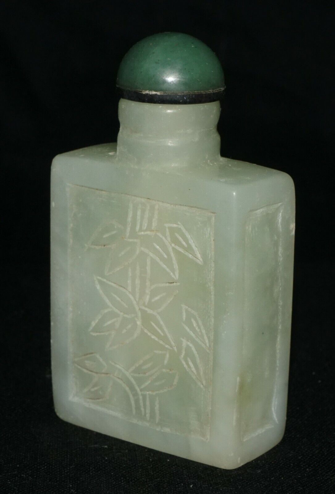 Vintage Chinese Jade Carved Snuff Bottle w. Bamboo Motif & Jade Stopper (LeS) G2