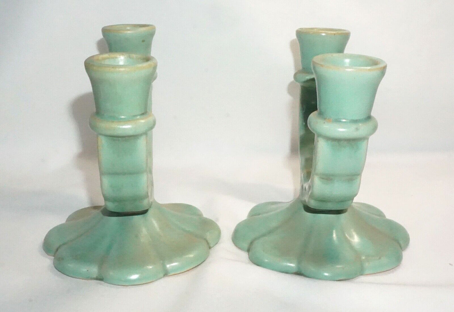 Vtg Pair Camark Pottery Light Aqua Teal Blue U-Shaped Dbl. Candleholders (NeW)