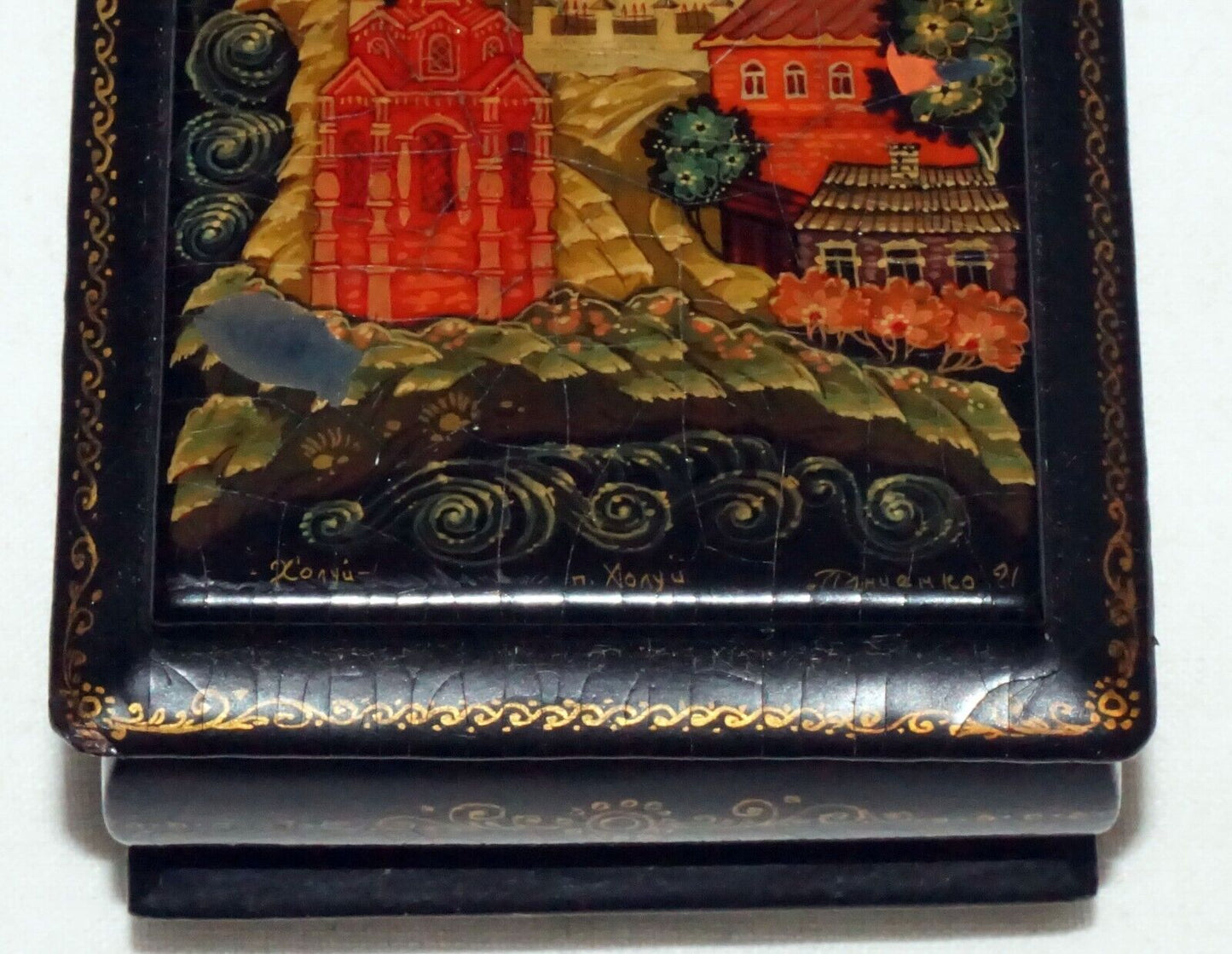 Vintage Russian Lacquer Box Church & Village Motif signed (AHB