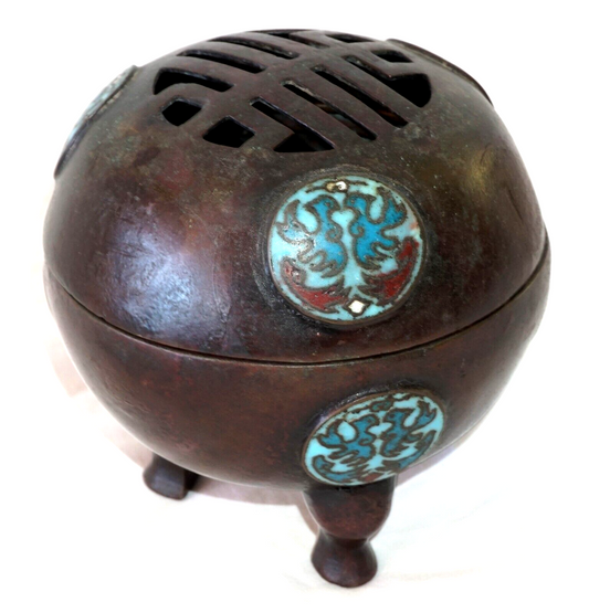 19C Chinese Qing Bronze Globular Tripod Incense Burner Champlevé Medallions (ChB