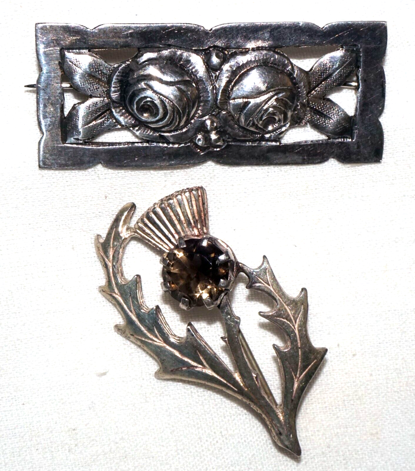 2Pc Vintage US/Scotland Sterling Silver Thistle & Quartz & Rose Brooch (KoS) L10