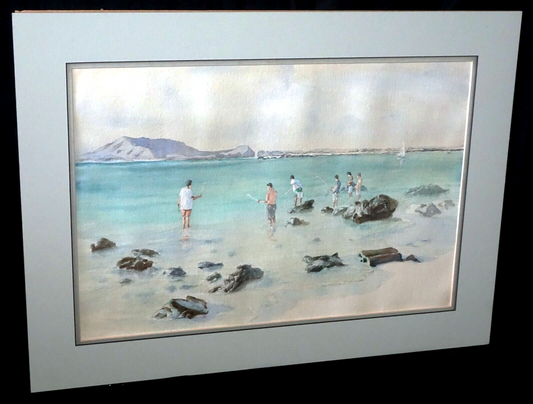 80s Hawaii Watercolor Painting "Windward Fishing" Joe Pimental (1933-2014)(FeH)