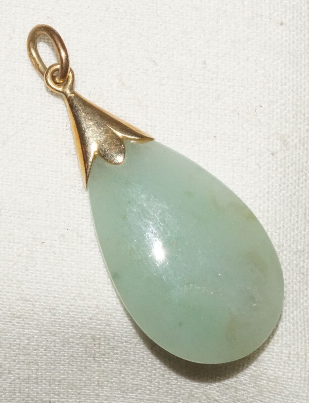 Vintage Chinese 14k Yellow Gold set Green jadeite Jade Drop Pendant (InS)L6