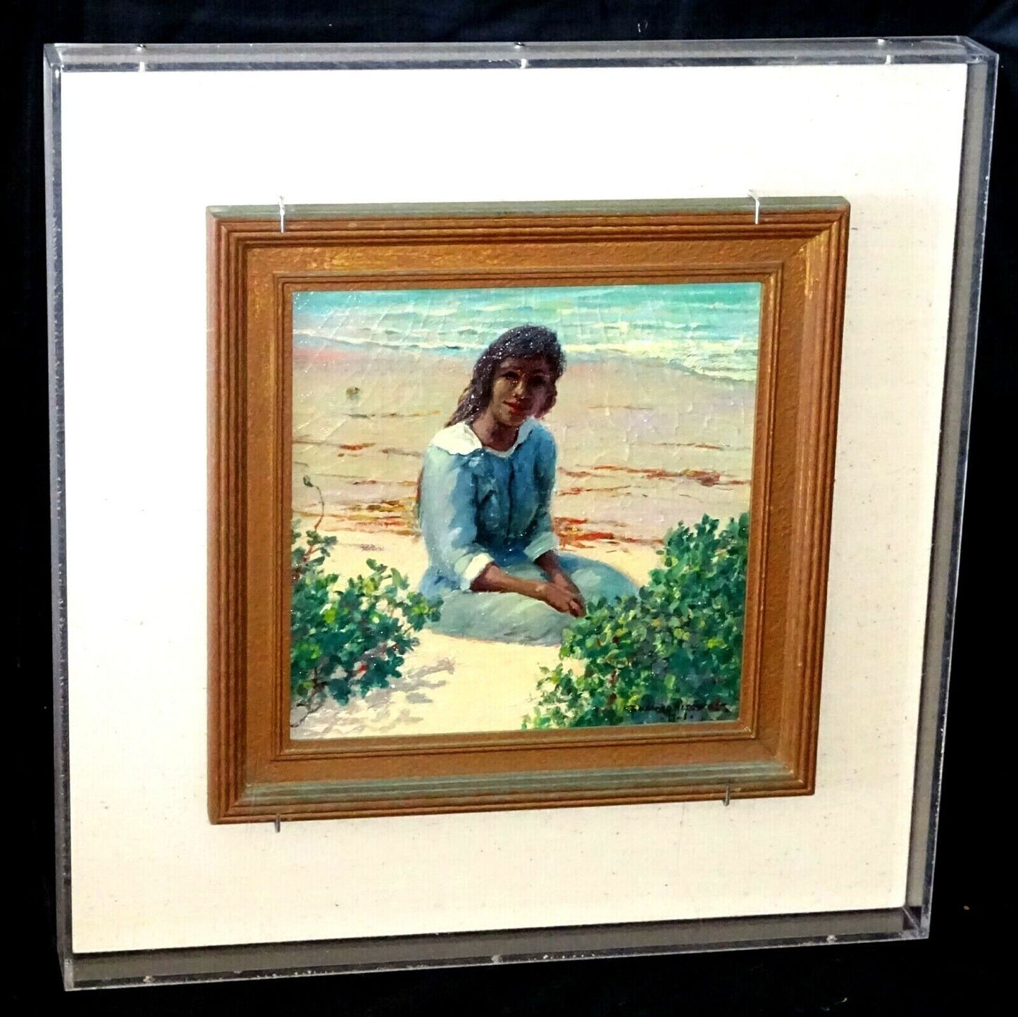 1920s Hawaii Oil Painting Young Girl on the Beach by D. Howard Hitchcock (BrB)