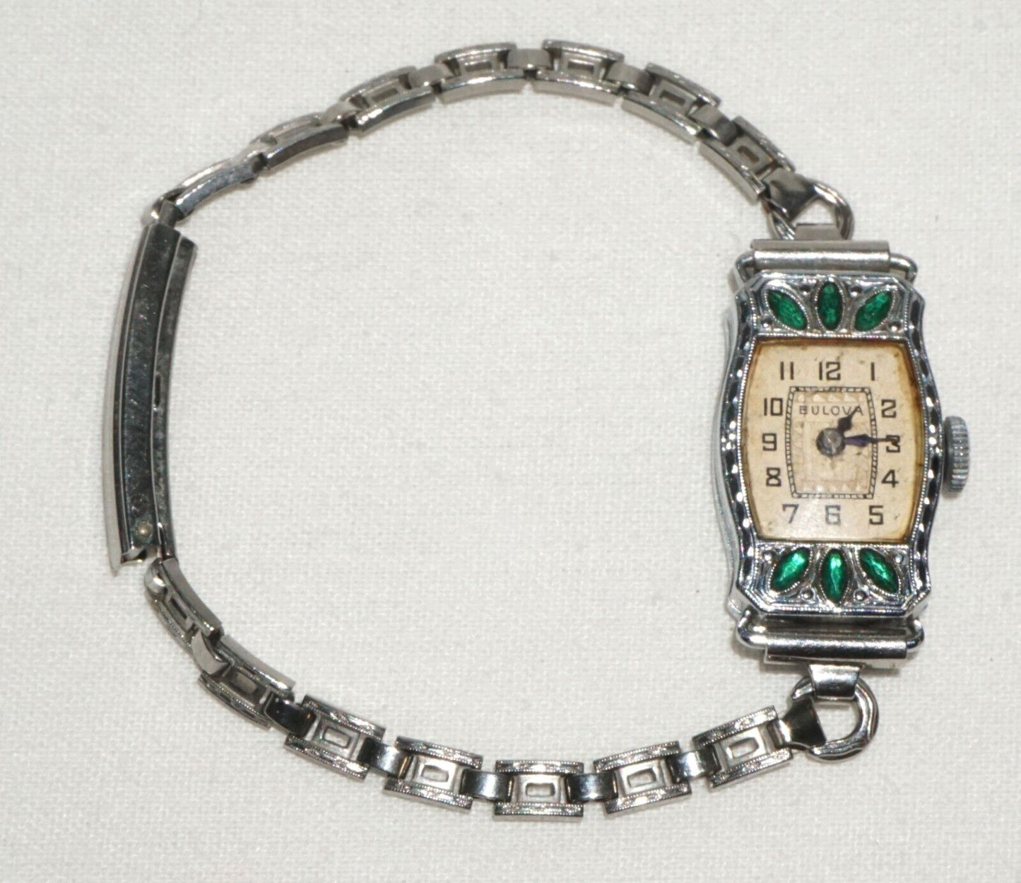 Vtg 1924 Art Deco Ladies Bulova Wrist Watch w Emerald Accents (TiG)