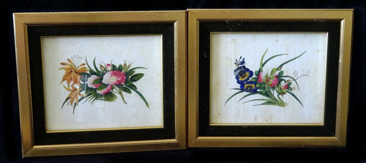 2Pc 19C Chinese Framed Export Floral Color Pith Painting Lot (AHB)