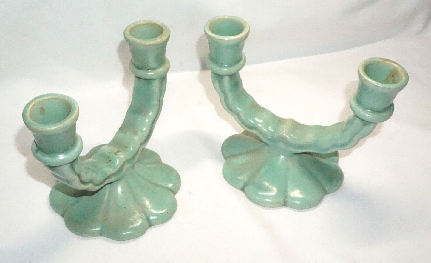 Vtg Pair Camark Pottery Light Aqua Teal Blue U-Shaped Dbl. Candleholders (NeW)