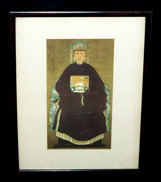 Vintage Italian Framed Reprint of Chinese Ancestor Painting on Fabric (ChA) #58