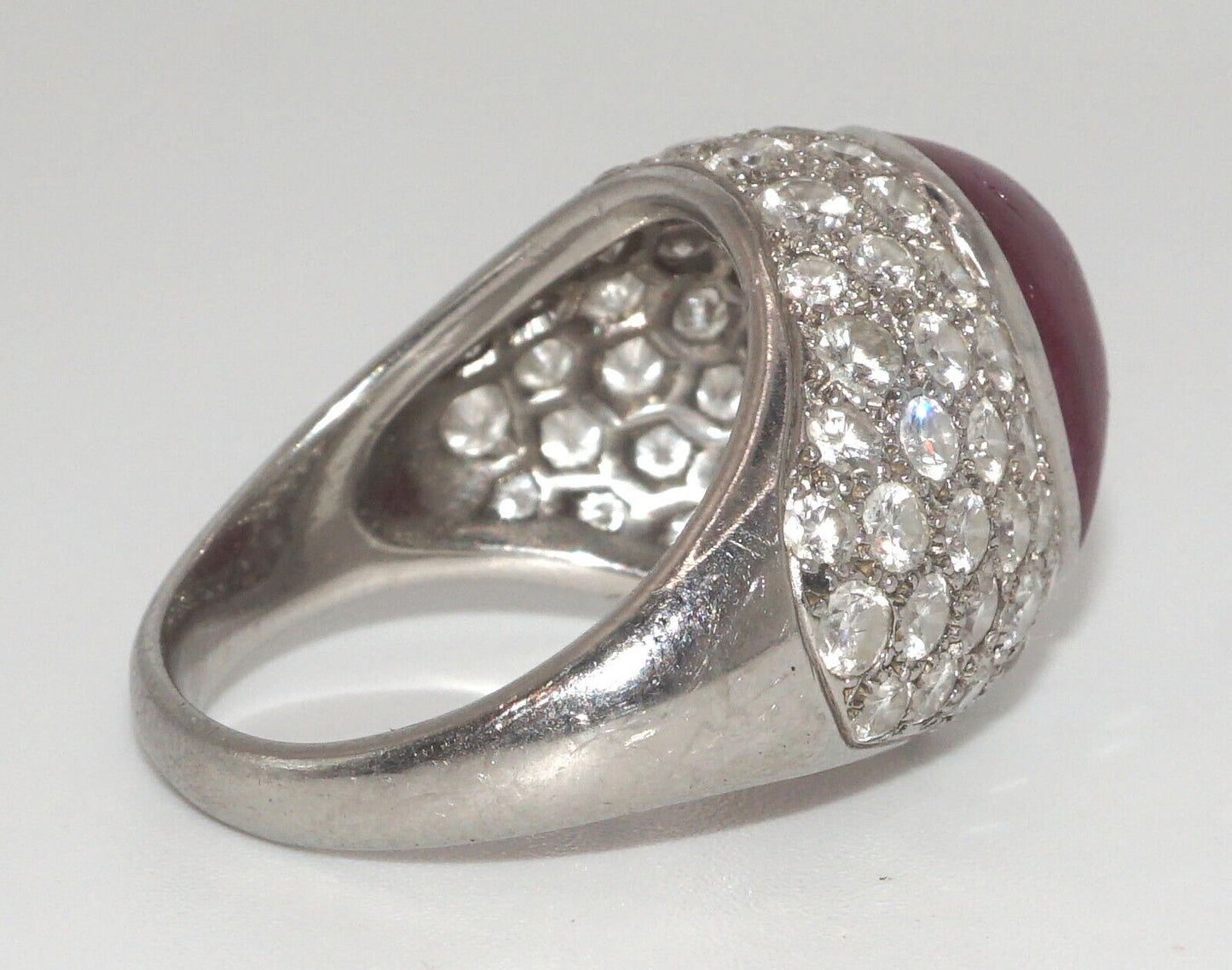 Vintage Platinum Ring w Ruby Cabochon & Diamond Pave-Set Dome Sz. 9 1/2 (LeD)