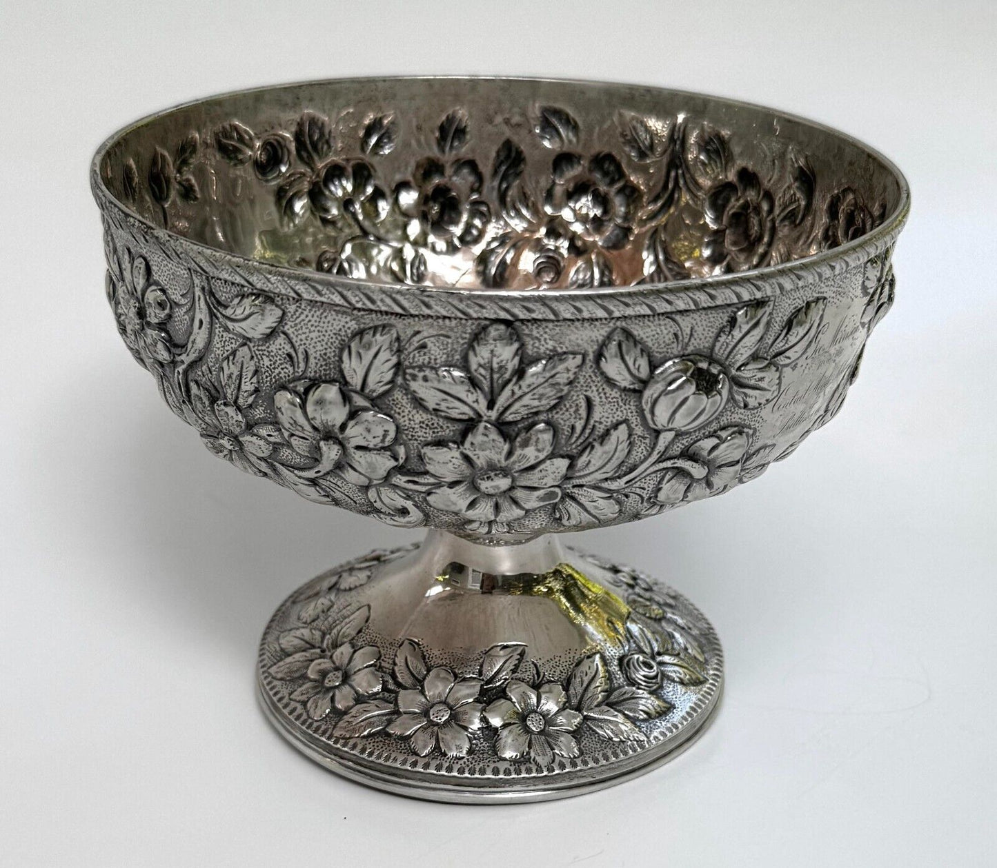 Antique 11 oz Coin Silver S. Kirk & Son Footed Bowl w Floral Repousse (WeP)