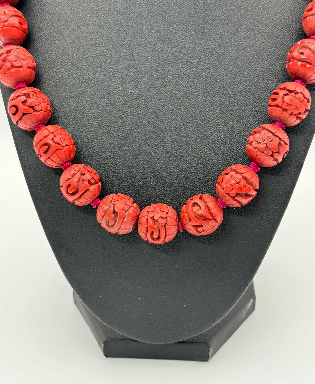 Vintage Chinese Hand-Carved Cinnabar Red Bead Necklace w Sterling Clasp (MiM)